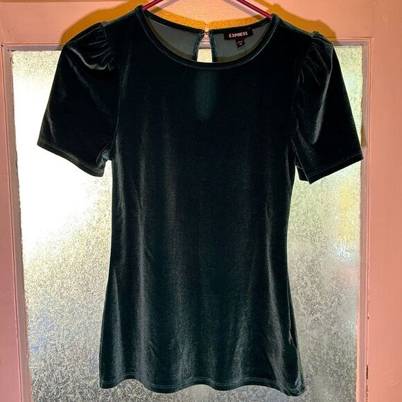 Express Women’s Dark Teal Green Velvet Short puff Sleeve Top Size XS - Picture 1 of 5